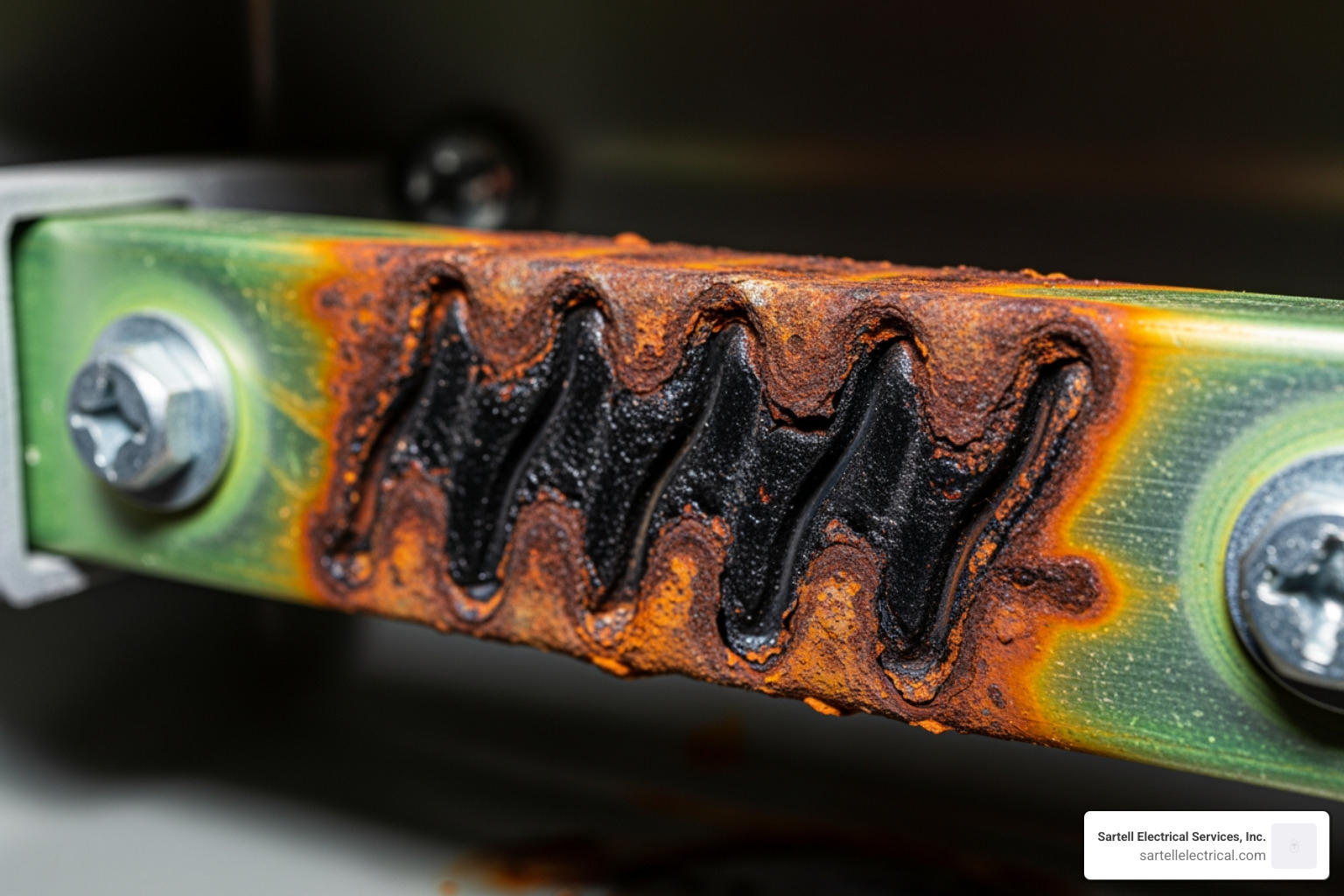 A corroded electrical busbar showing green oxidation and heat damage - Replace main electrical panel