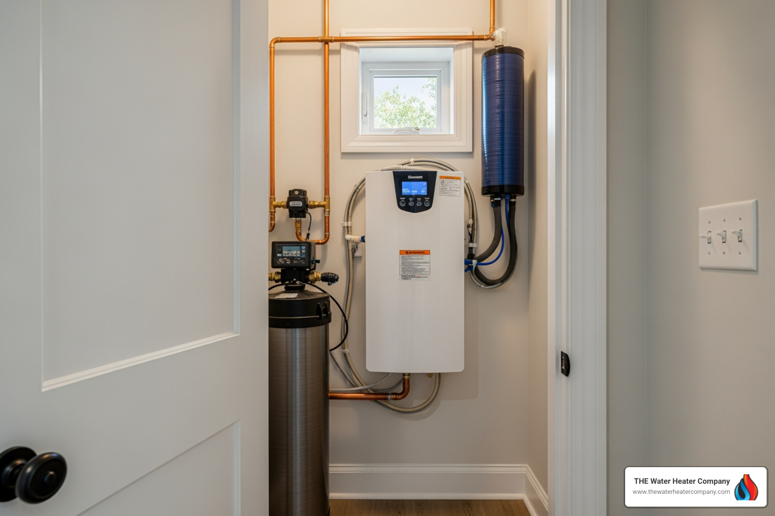 Modern whole-home water conditioning unit installed neatly in a utility closet - water filtration & conditioning deals in Modern whole-home water conditioning unit installed neatly in a utility closet - water filtration & conditioning deals in