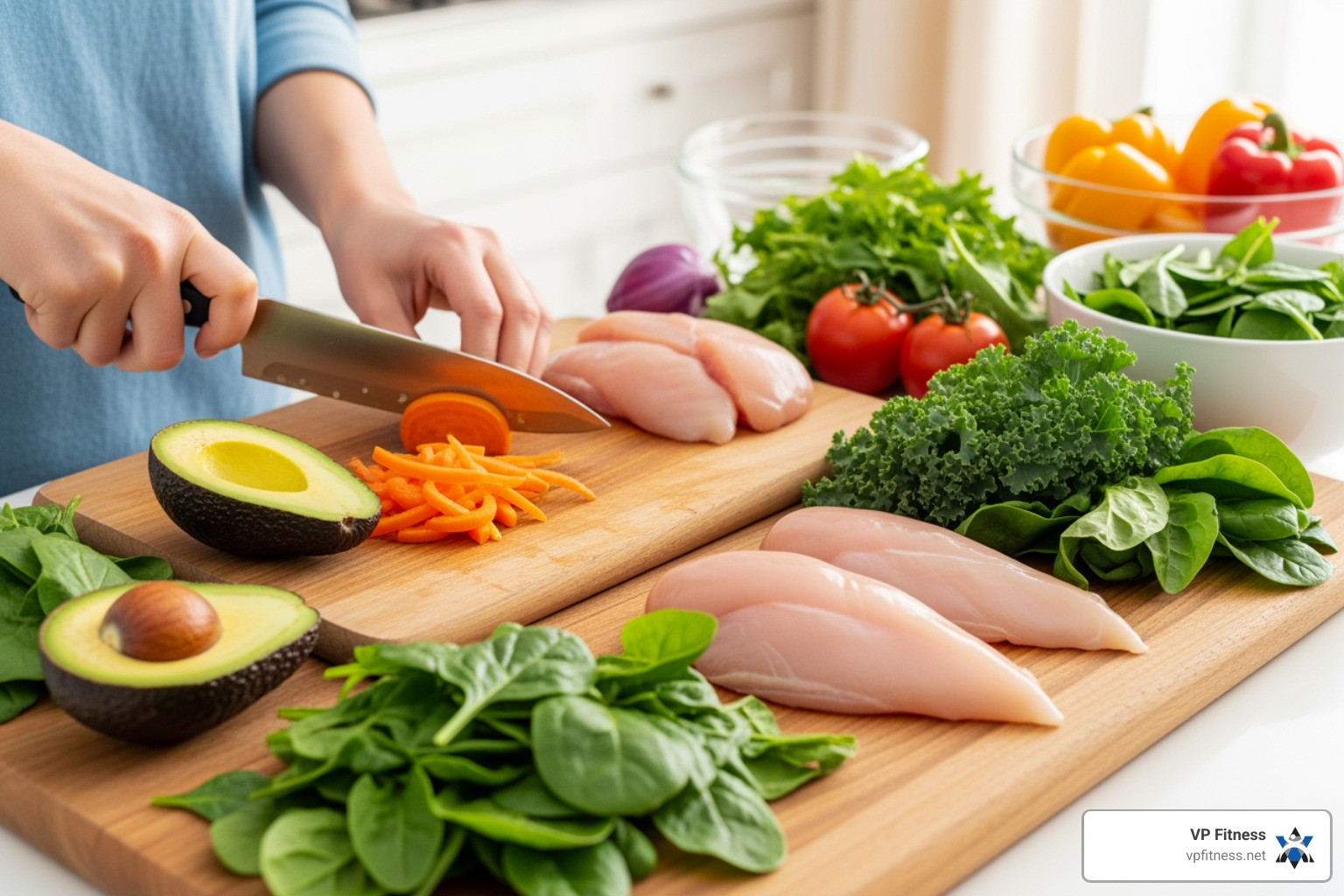 Fresh, colorful ingredients like avocados, leafy greens, and lean proteins being prepped for a custom meal - custom meal Fresh, colorful ingredients like avocados, leafy greens, and lean proteins being prepped for a custom meal - custom meal
