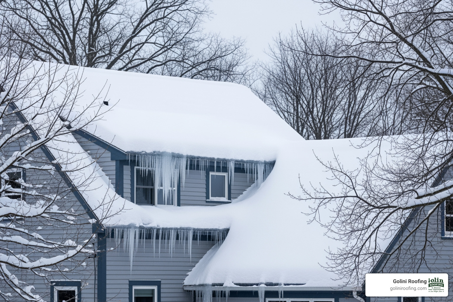 Heavy snow accumulation on a Lynnfield residential roof - Roofing Lynnfield MA Heavy snow accumulation on a Lynnfield residential roof - Roofing Lynnfield MA