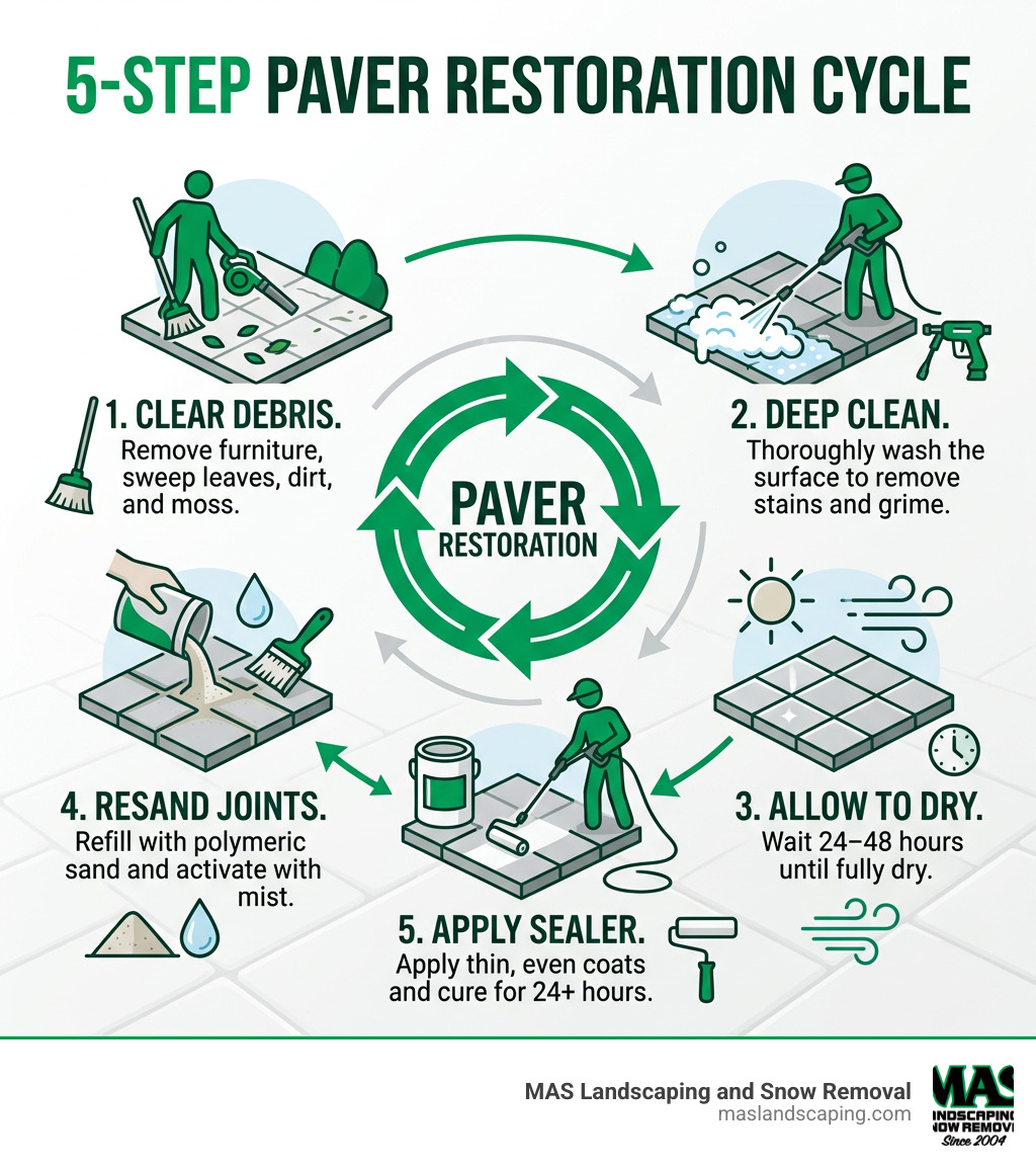 5-step paver restoration cycle infographic: clear debris, deep clean, dry, resand joints, apply sealer - patio paver