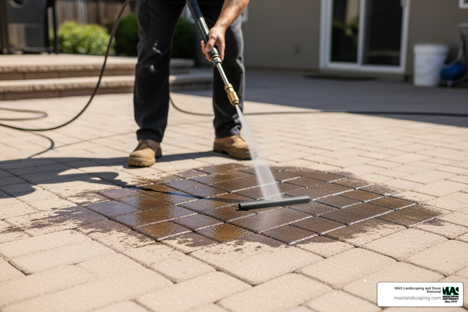 technician removing oil stains from pavers - patio paver cleaning and sealing