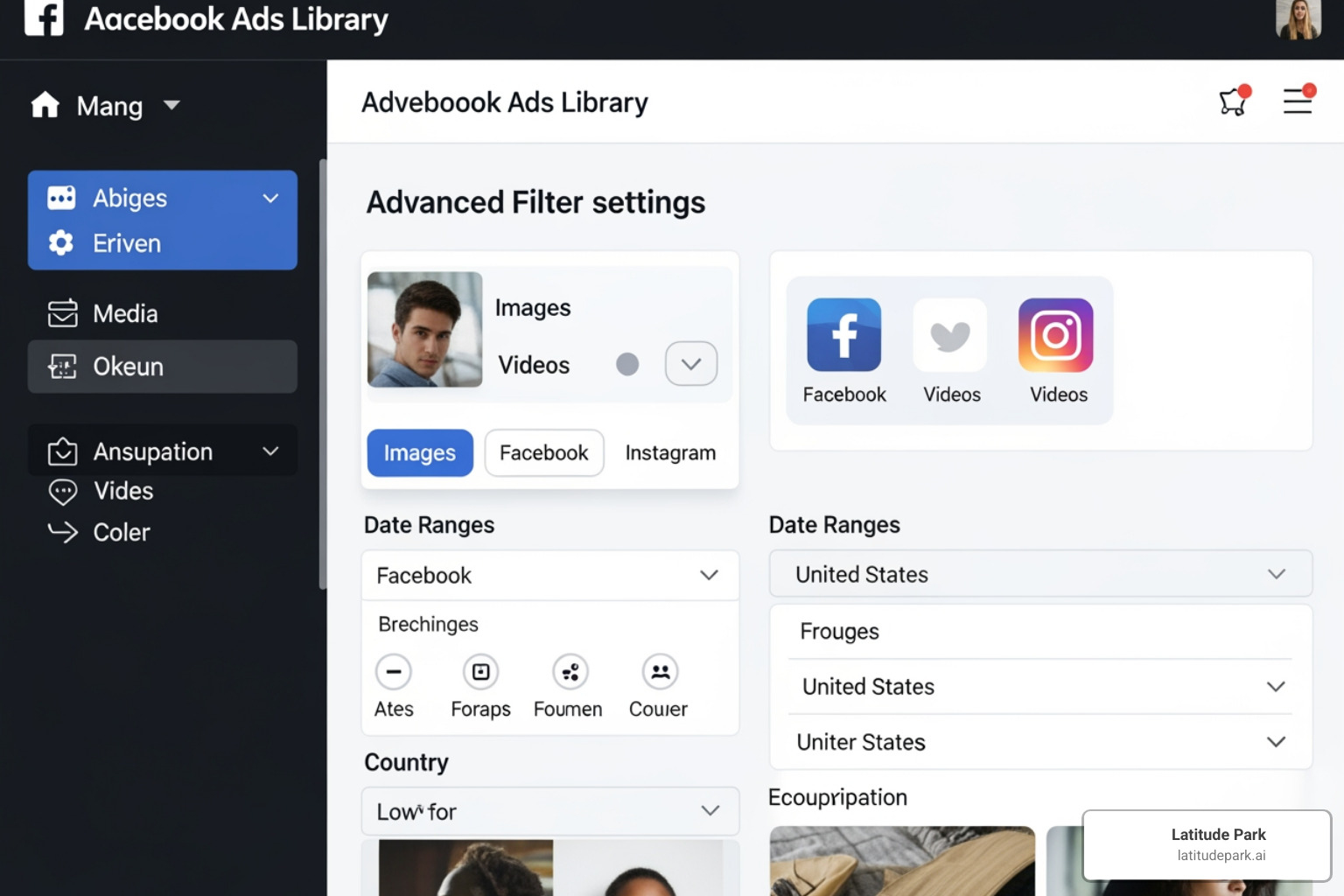 Advanced filter settings in the Facebook Ads Library showing media types, platforms, and date ranges - facebook ads library