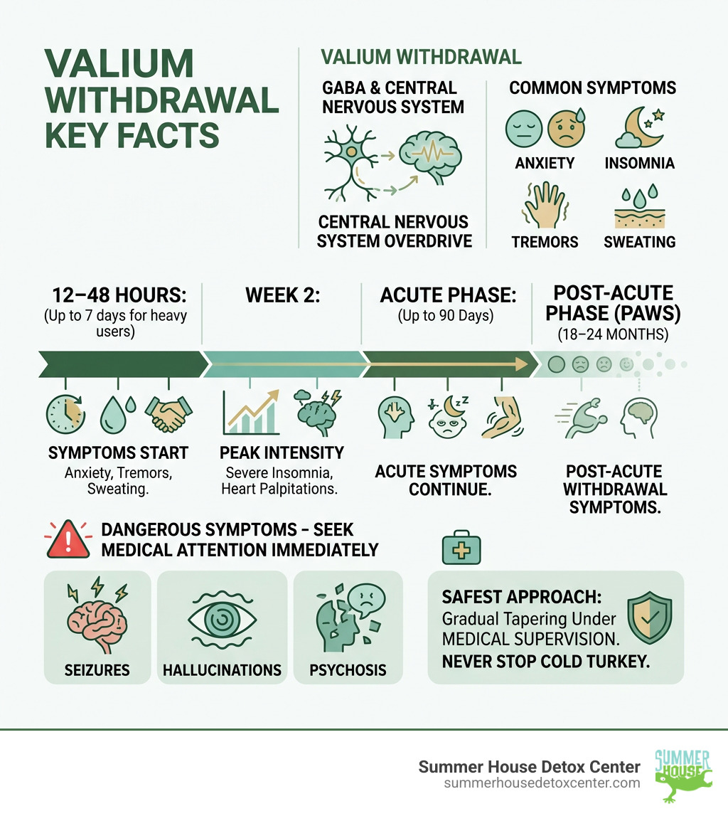Valium withdrawal symptoms timeline and key facts infographic - valium withdrawals infographic 