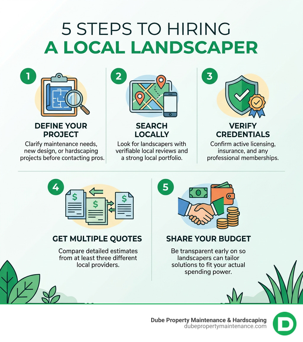5 steps to hiring a local landscaper: define project, search locally, verify credentials, get quotes, share budget