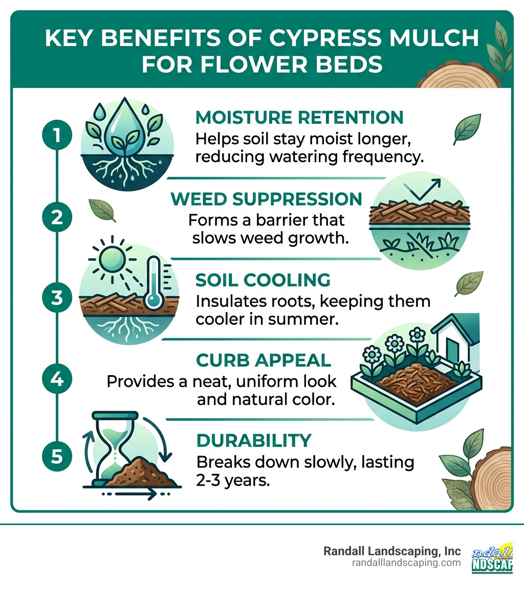 Infographic showing primary benefits of cypress mulch for flower beds: moisture retention, weed suppression, soil cooling Infographic showing primary benefits of cypress mulch for flower beds: moisture retention, weed suppression, soil cooling