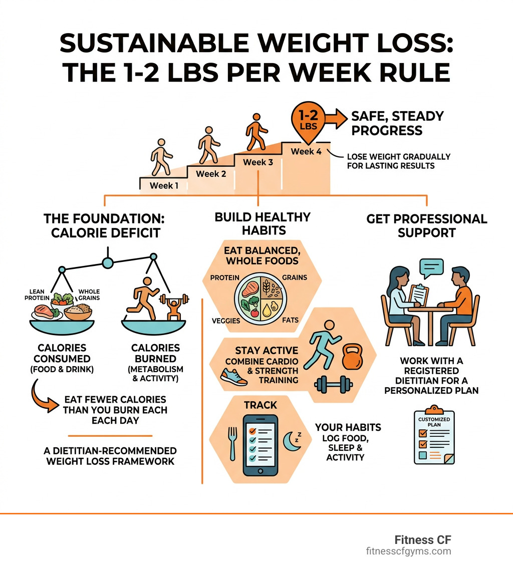 Infographic showing the 1-2 pounds per week weight loss rule with calorie deficit and key habits - dietitian guide to weight Infographic showing the 1-2 pounds per week weight loss rule with calorie deficit and key habits - dietitian guide to weight