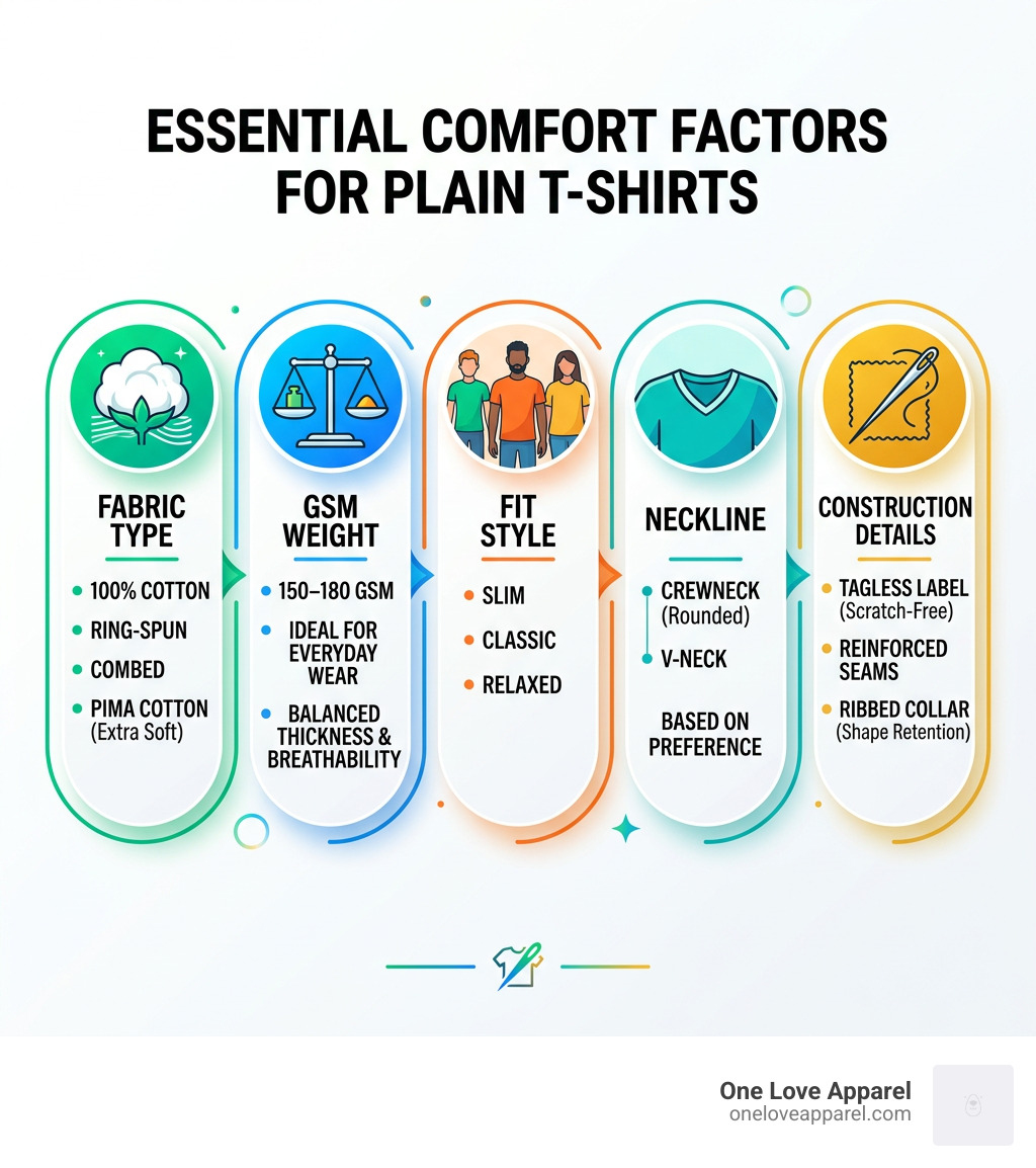 Infographic showing key comfort factors for plain t-shirts: fabric type, GSM weight, fit style, neckline, and construction