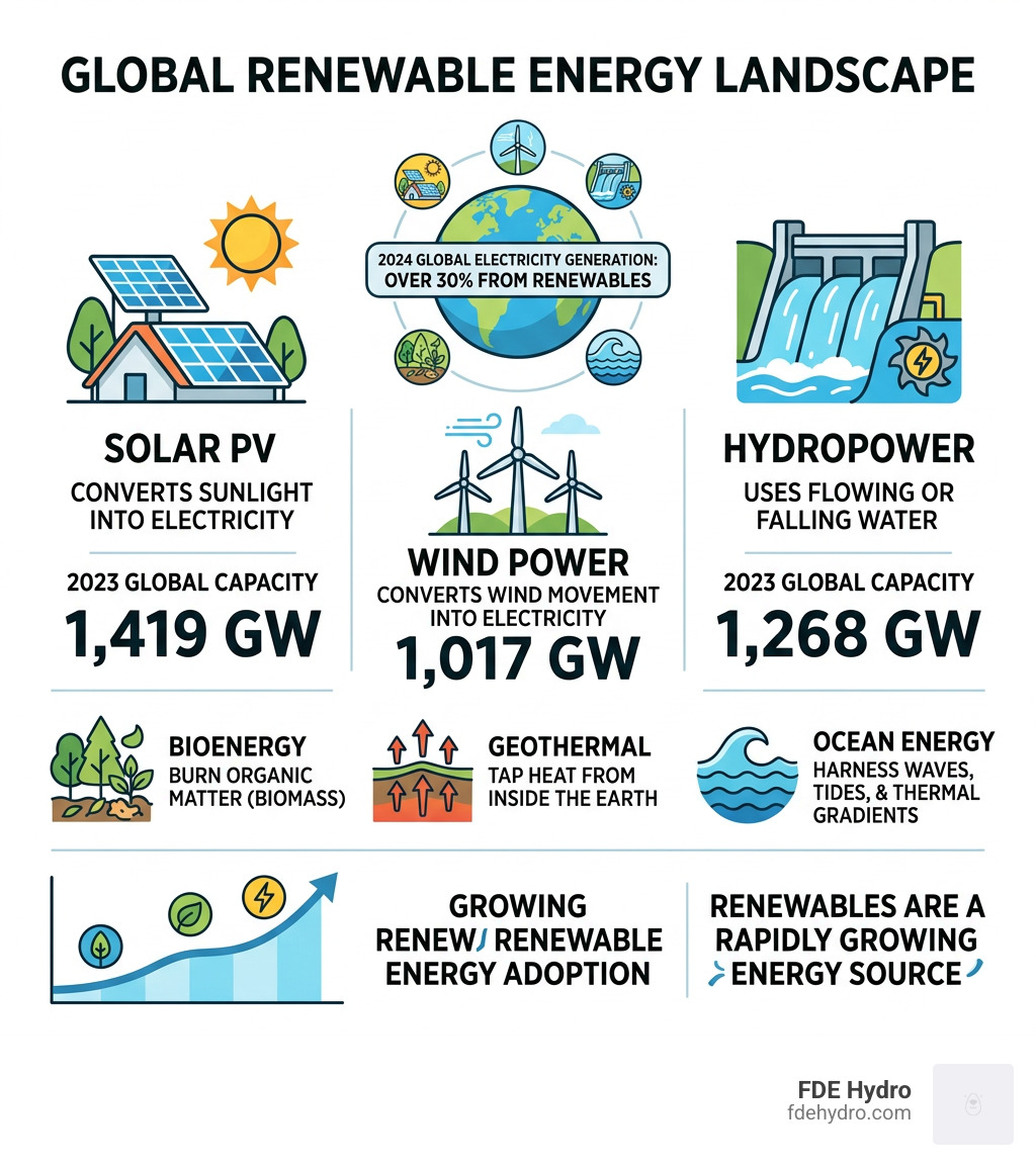 Overview infographic of major renewable energy sources, their global capacity, and share of electricity generation