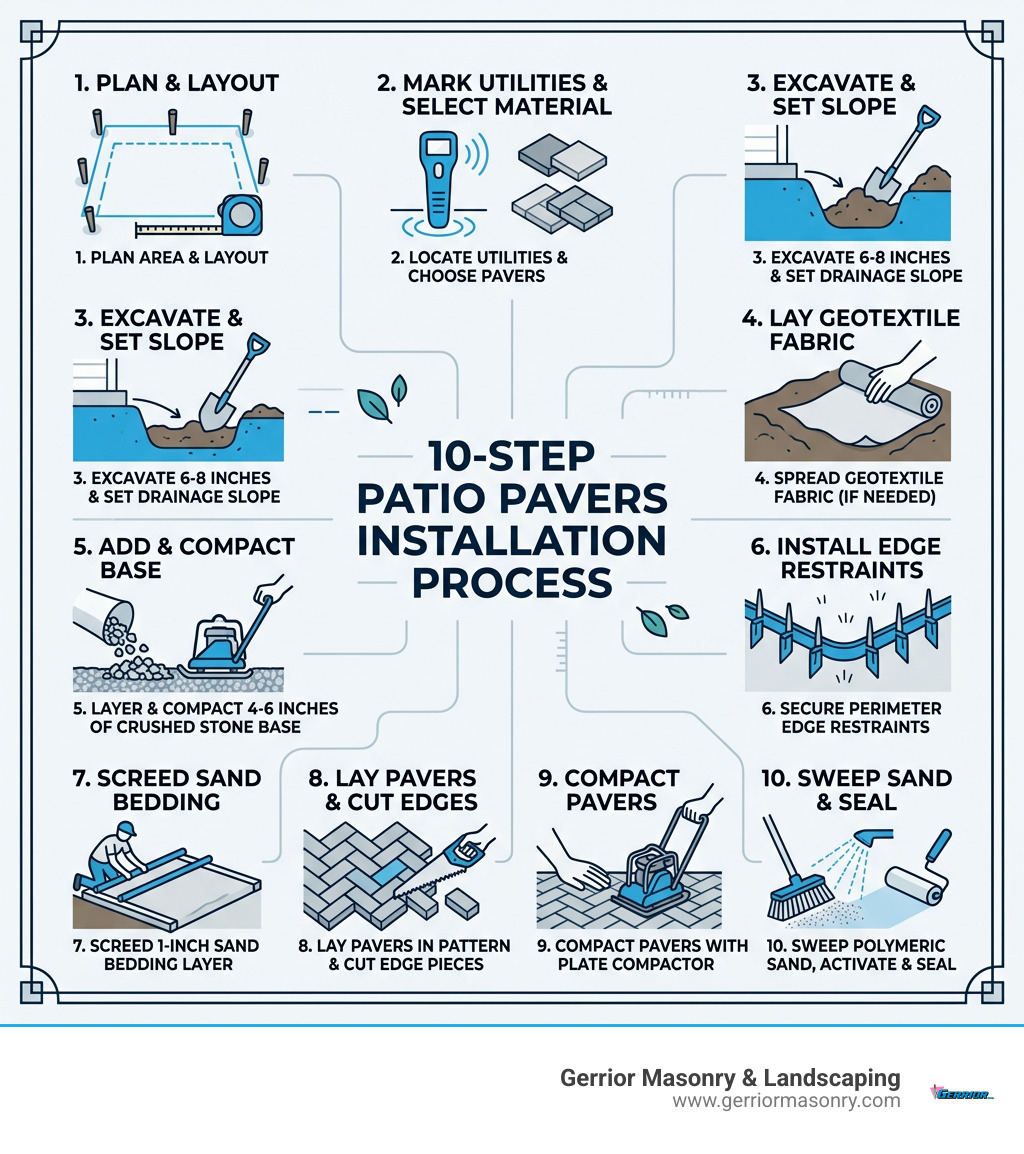 10-step patio pavers installation process infographic from planning to sealing - patio pavers installation infographic 