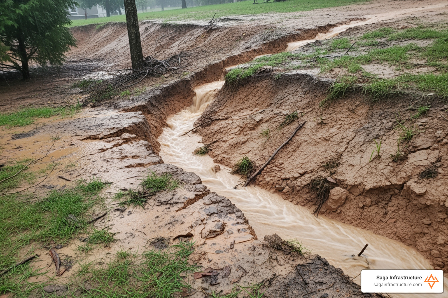 Rain water carving a path through a dirt slope - retaining wall erosion control