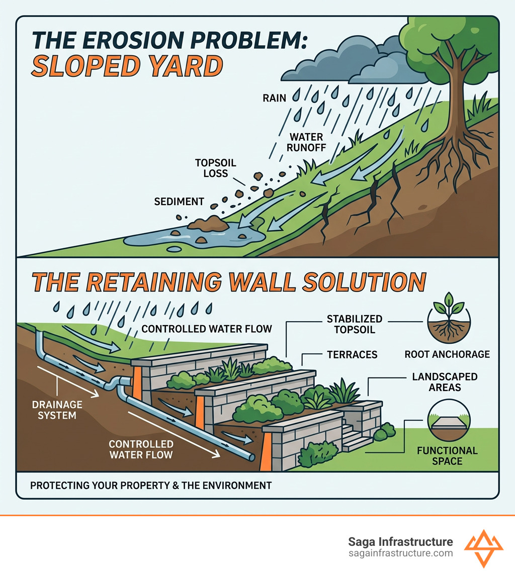 How rain washes away topsoil on sloped yards and how retaining walls stop erosion - retaining wall erosion control