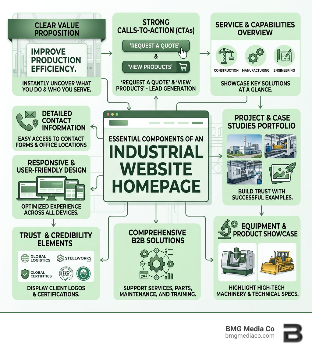 Essential components of an industrial website homepage infographic - industrial website templates infographic 