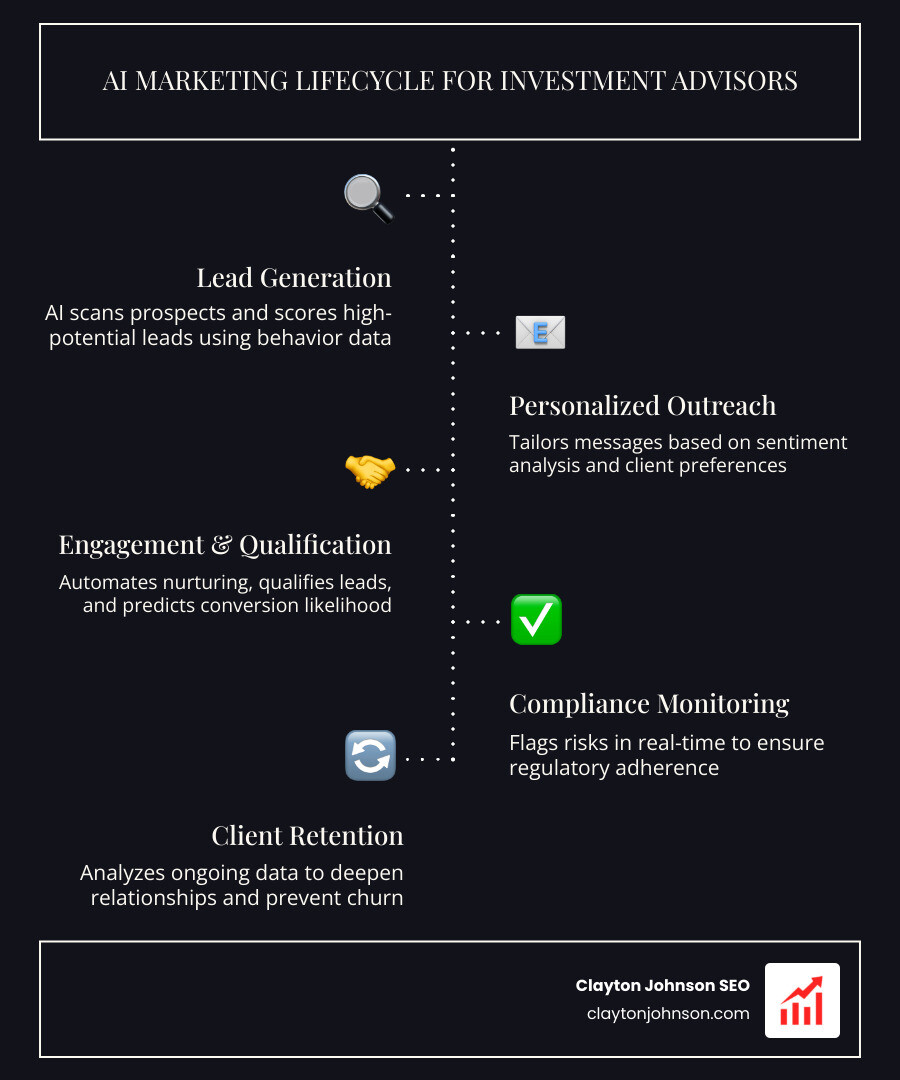 AI marketing lifecycle infographic for investment advisor companies showing lead generation to client retention - ai