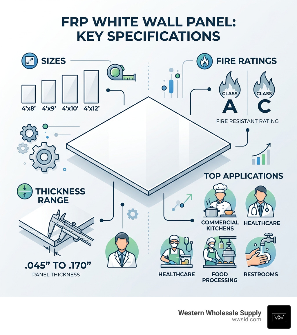Infographic showing FRP white wall panel key specs: sizes, fire ratings, thickness range, and top applications - frp white Infographic showing FRP white wall panel key specs: sizes, fire ratings, thickness range, and top applications - frp white
