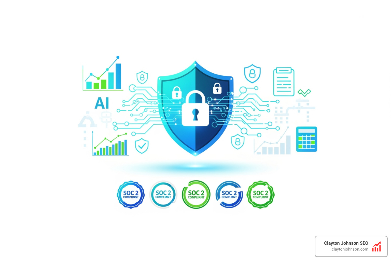 secure data shield graphic representing AI security and SOC 2 compliance for bookkeepers - ai marketing for bookkeepers