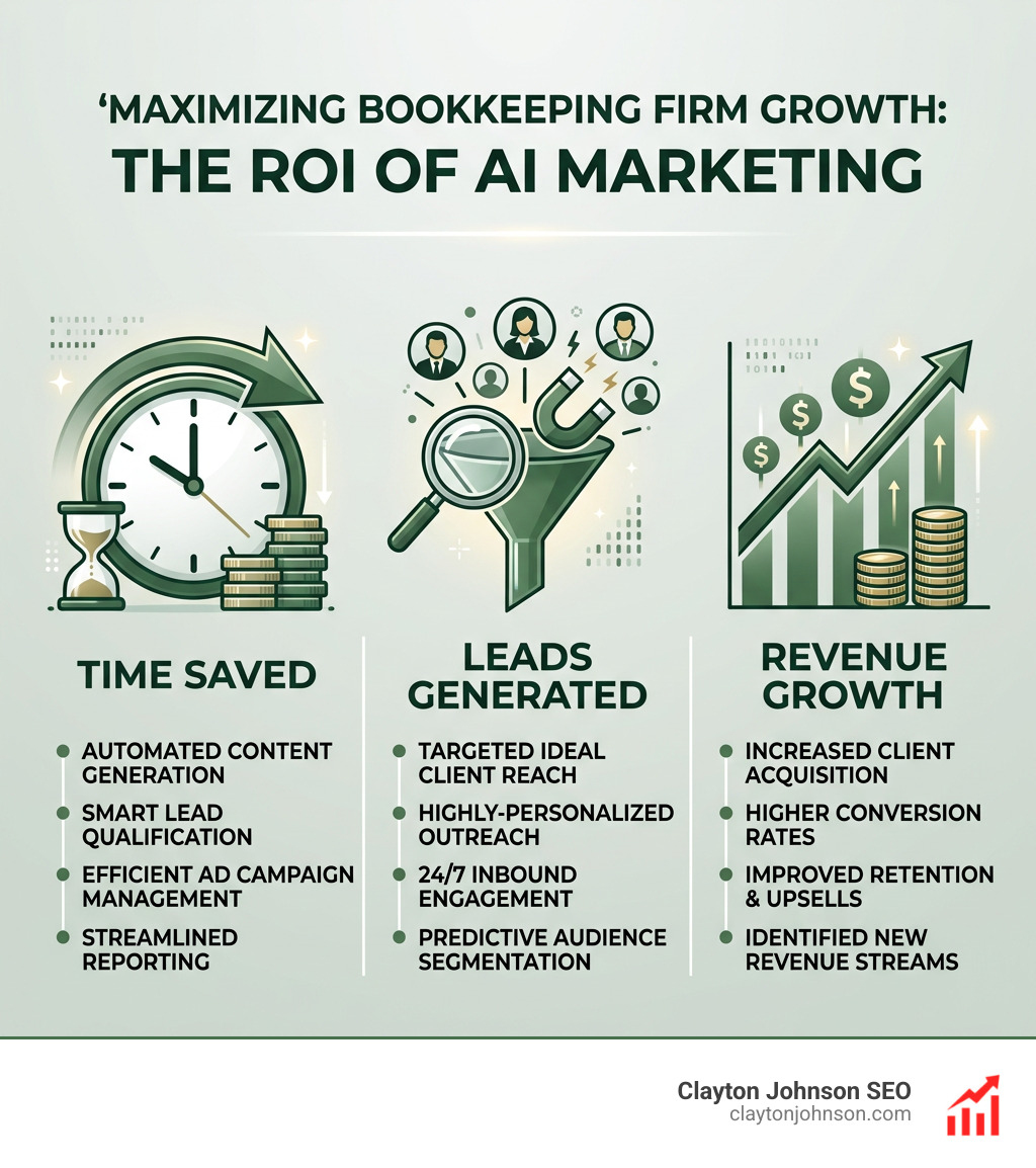 infographic showing the ROI of AI marketing: time saved, leads generated, and revenue growth - ai marketing for bookkeepers