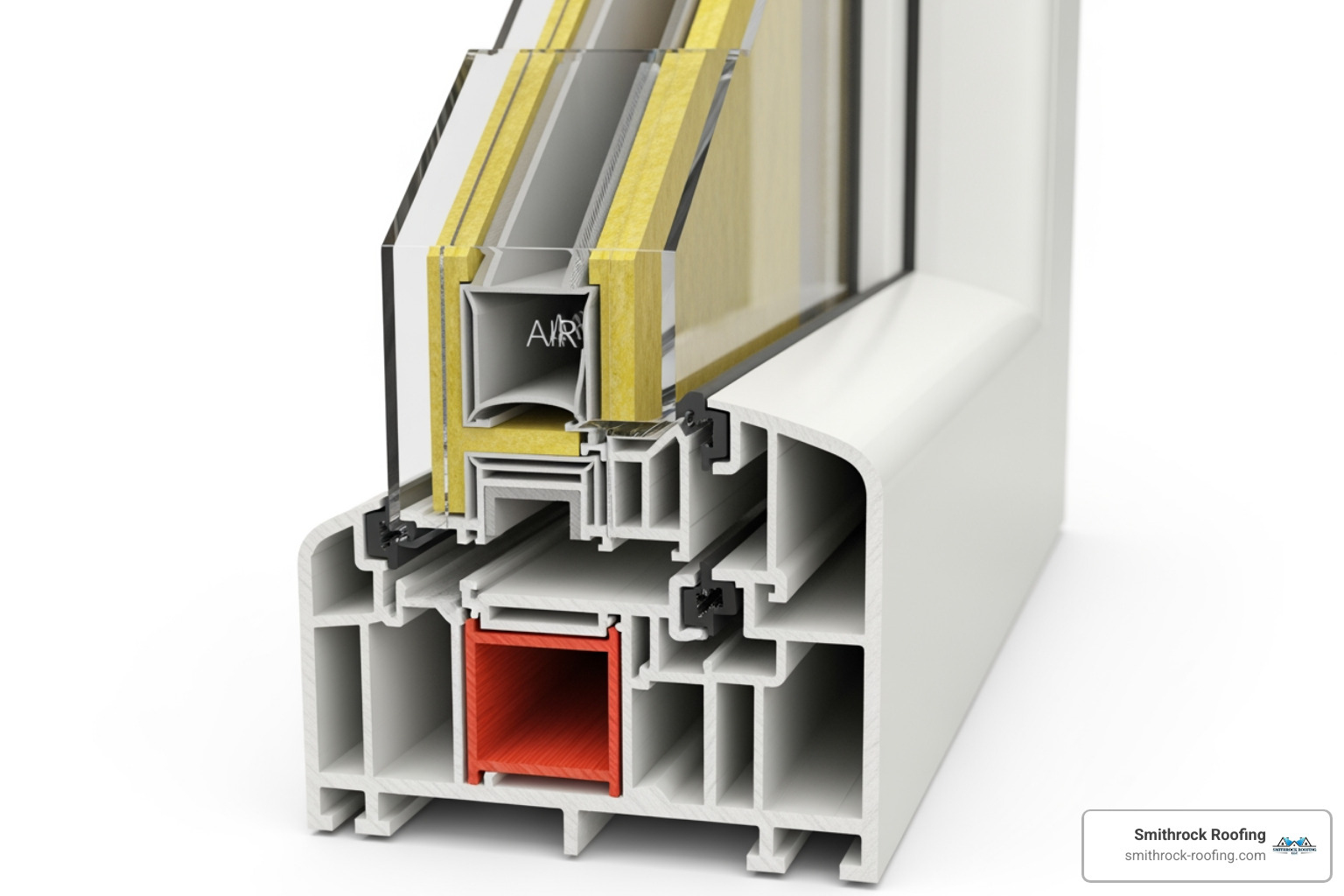 cross-section of a fusion-welded vinyl window frame showing internal chambers - double pane low e vinyl windows