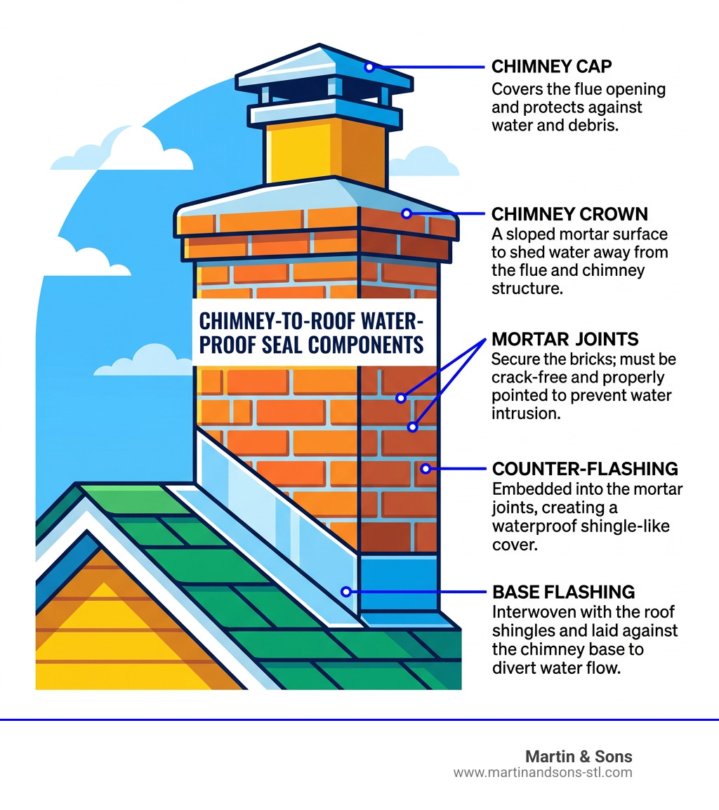 Infographic showing components of a chimney-to-roof waterproof seal including base flashing, counter-flashing, crown, cap Infographic showing components of a chimney-to-roof waterproof seal including base flashing, counter-flashing, crown, cap
