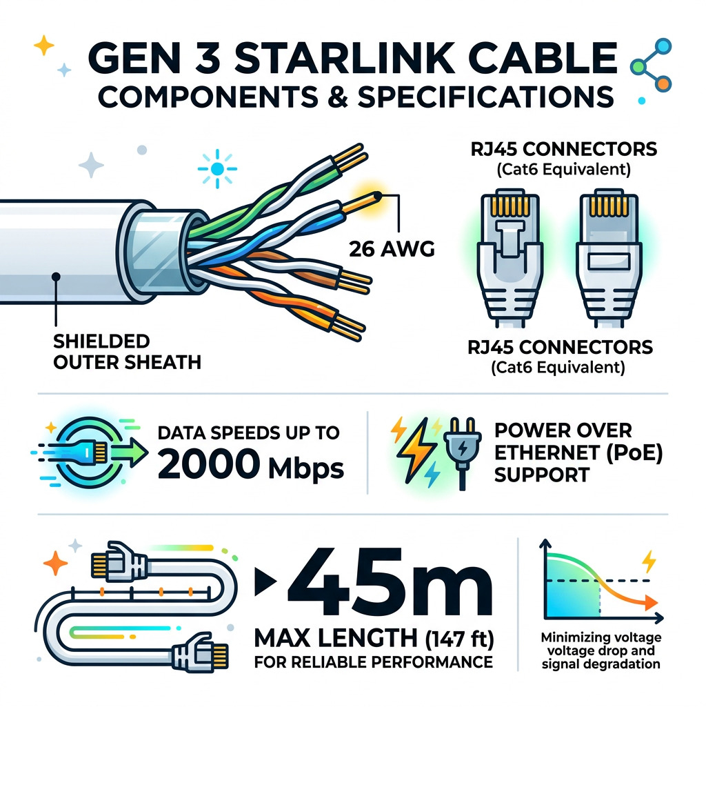 Gen 3 Starlink cable components infographic: RJ45 connectors, 26 AWG shielded wire, PoE, 45m max length, 2000 Mbps - gen 3