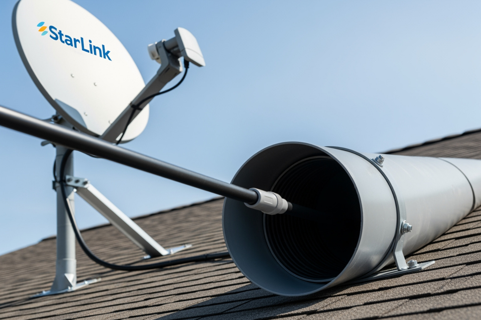 Starlink cable routed through a protective UV-resistant conduit on a residential roof - gen 3 starlink cable