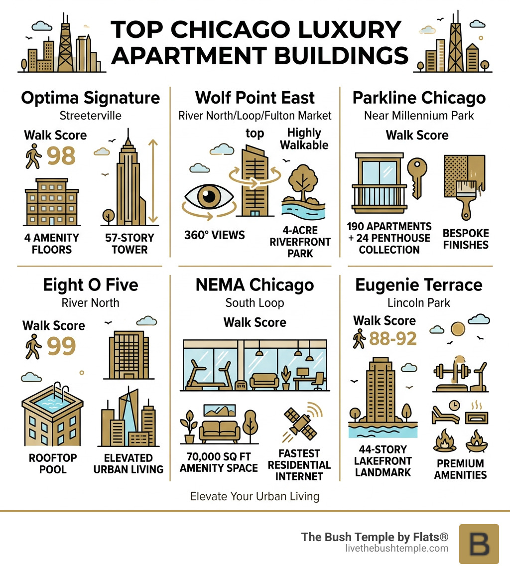 Infographic showing top Chicago luxury apartment buildings by neighborhood, Walk Score, and key amenities - chicago luxury Infographic showing top Chicago luxury apartment buildings by neighborhood, Walk Score, and key amenities - chicago luxury