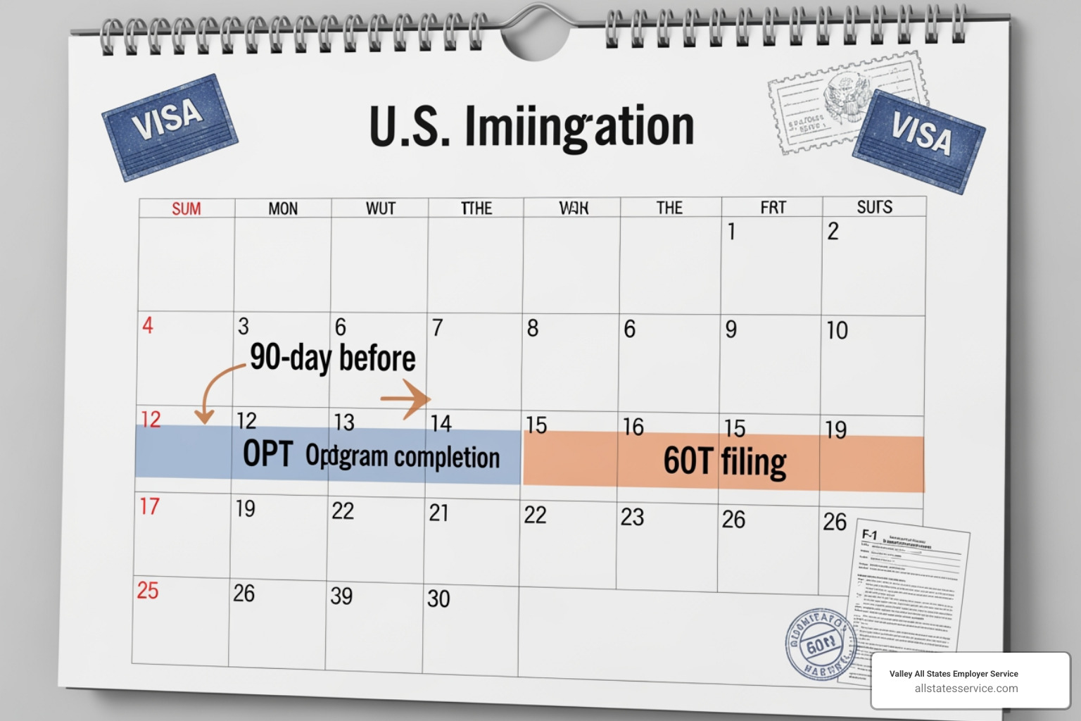 Calendar showing the 90 day pre-completion and 60 day post-completion filing window for OPT - ead card opt
