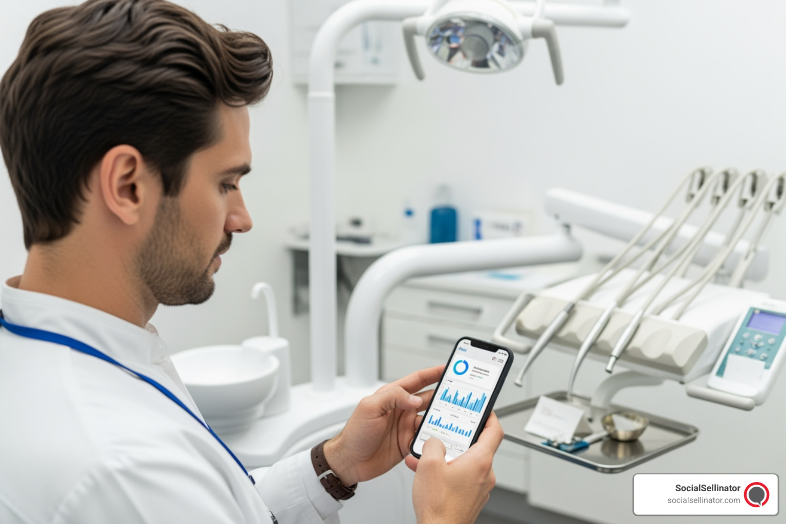 Dentist reviewing social media analytics on a smartphone - dental practice social media