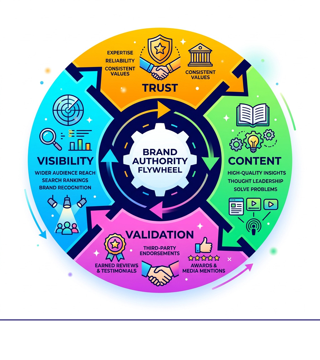 Brand authority flywheel showing trust, content, validation, and visibility cycle - building brand authority infographic 