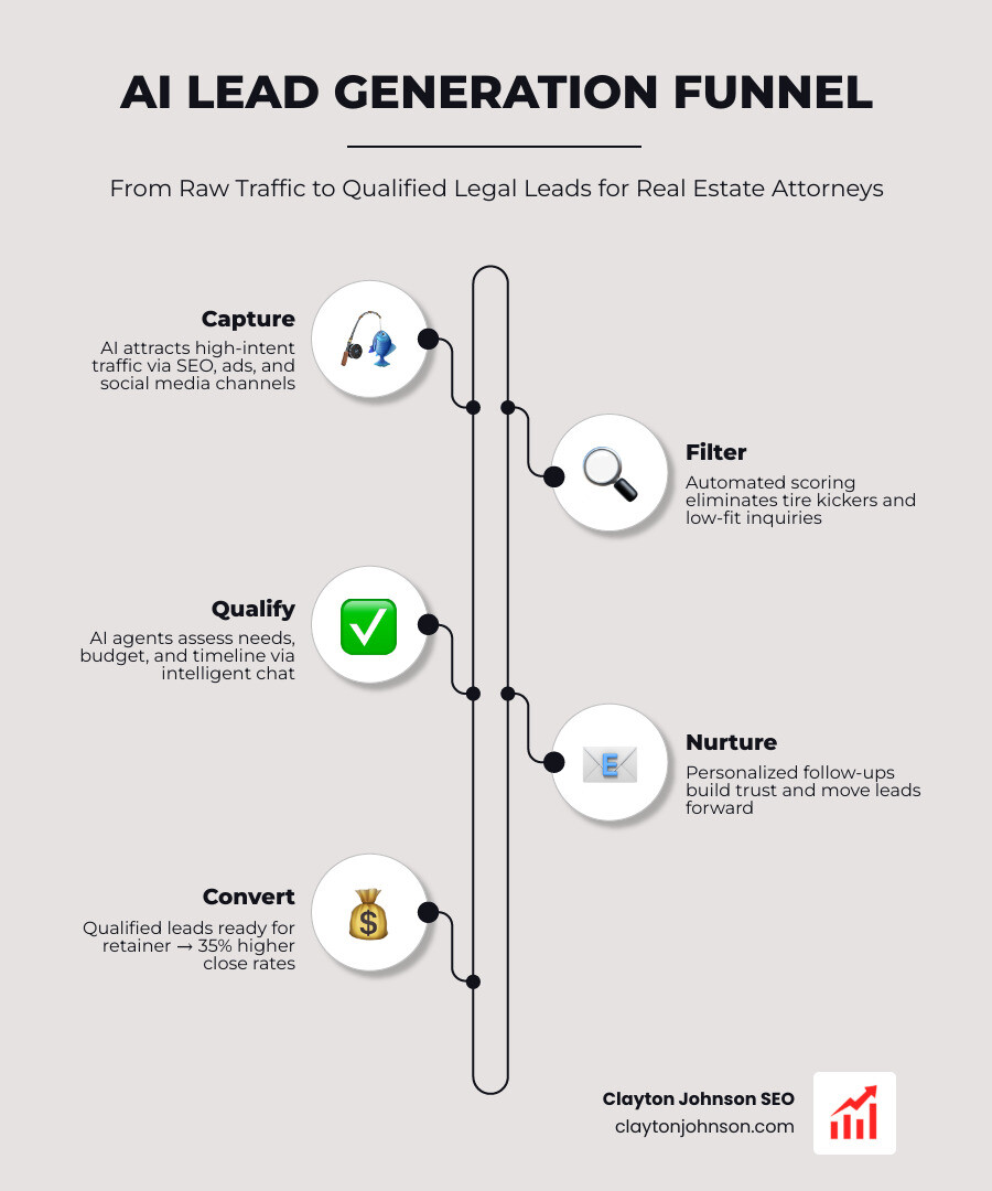 AI lead generation funnel showing the filtering process from raw traffic to qualified legal leads - ai marketing for real
