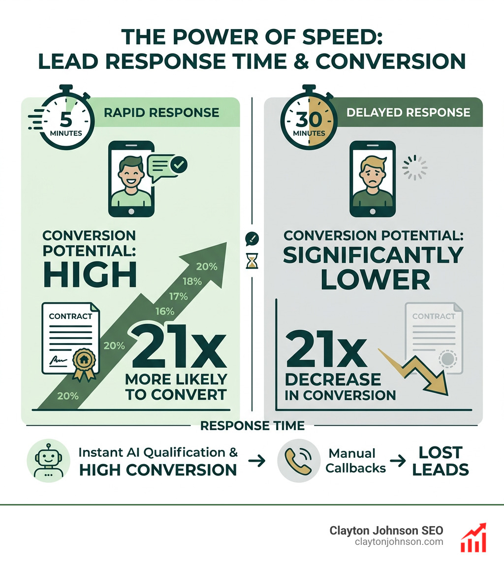 Infographic showing the 21x conversion increase when responding to leads within 5 minutes versus 30 minutes - ai marketing