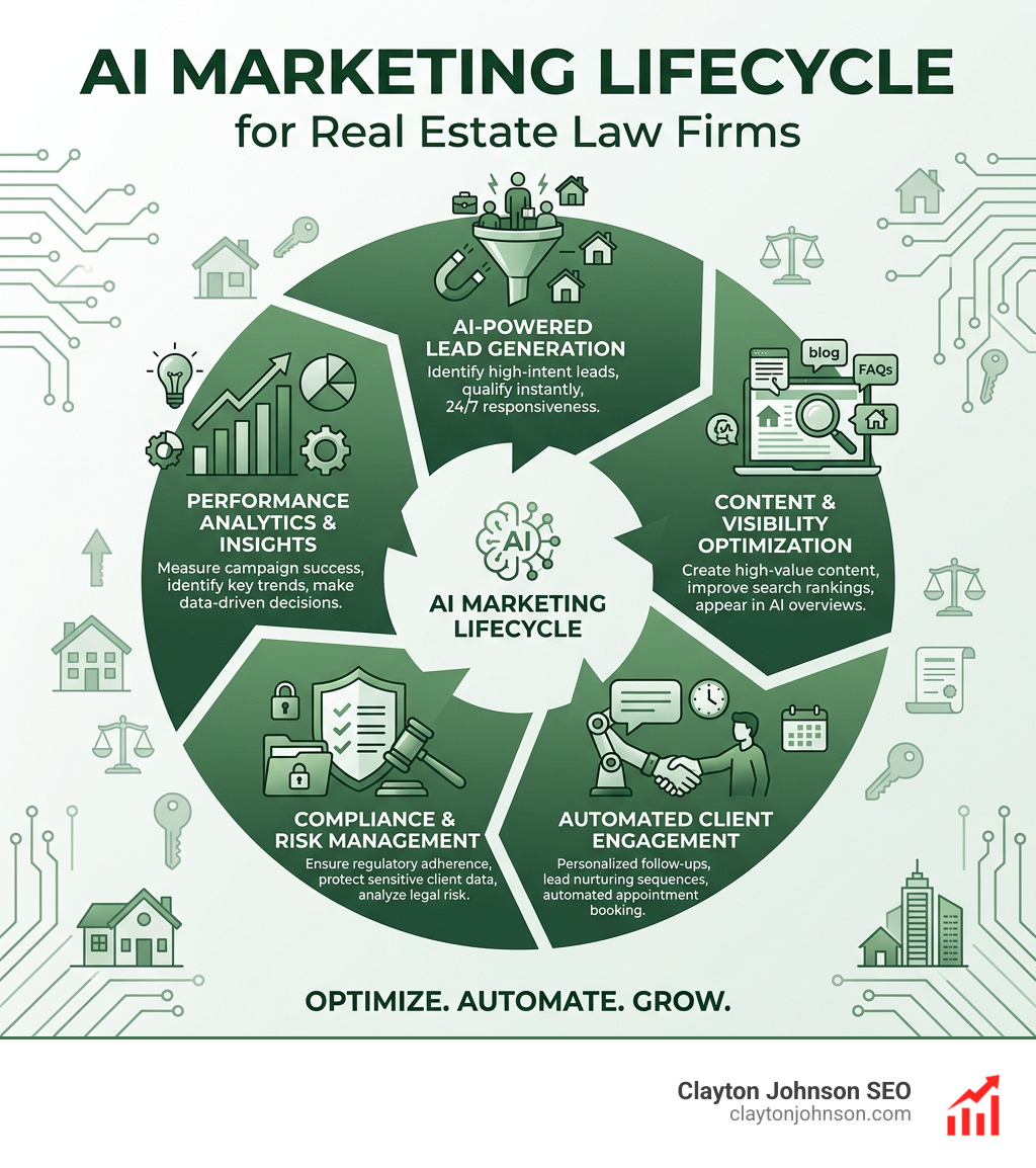 AI marketing lifecycle infographic for real estate law firms showing lead generation, content, engagement, compliance, and
