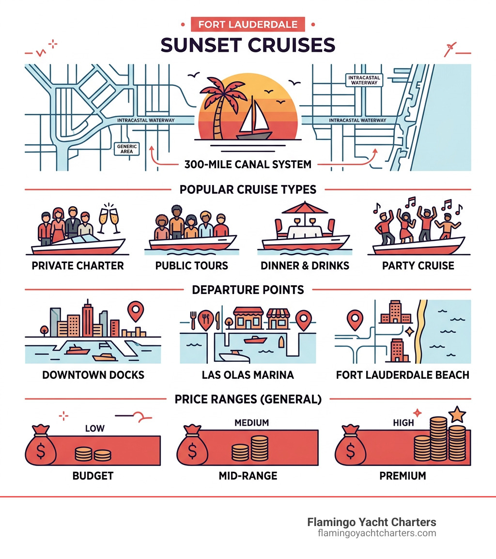 Infographic showing Fort Lauderdale's 300-mile canal system, top sunset cruise types, departure points, and price ranges