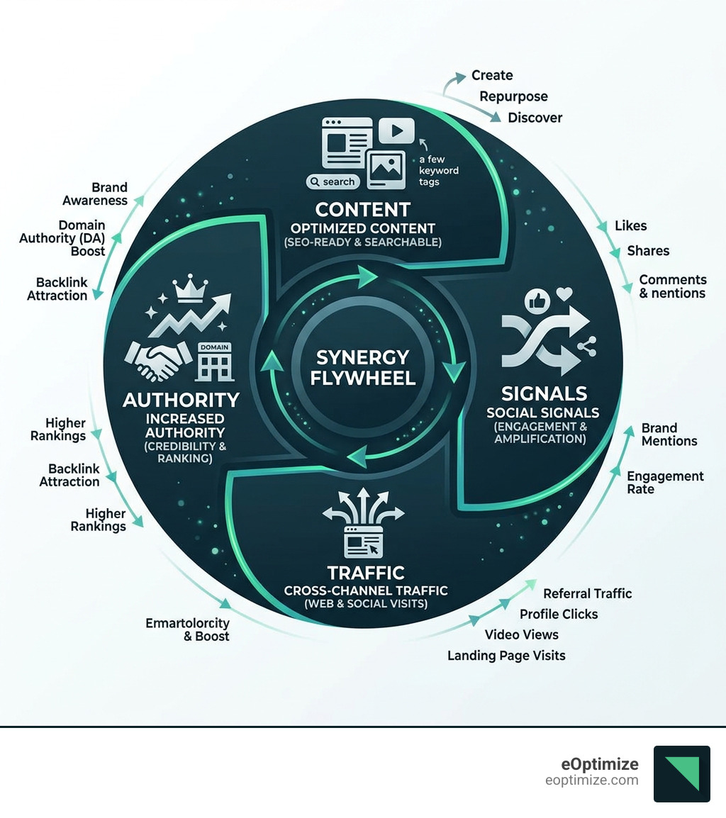 Social media SEO integration synergy flywheel showing content, signals, traffic, and authority - social media seo
