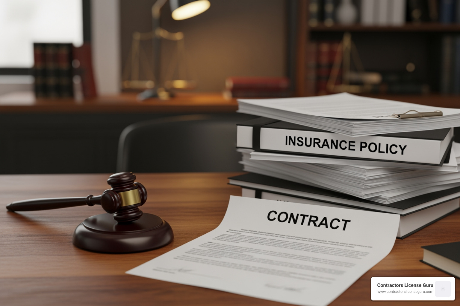 Legal gavel and insurance documents on a desk - California contractor umbrella policy