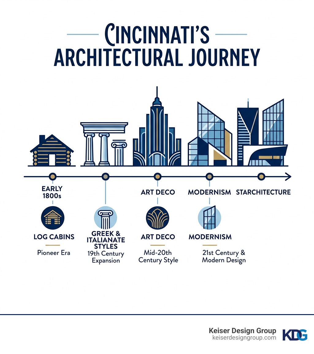 Timeline infographic of Cincinnati's architectural evolution from 1800s log cabins to modern starchitecture - Cincinnati Timeline infographic of Cincinnati's architectural evolution from 1800s log cabins to modern starchitecture - Cincinnati