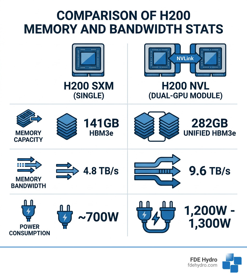 Comparison of H200 memory and bandwidth stats - Multiple powerhouse models infographic 