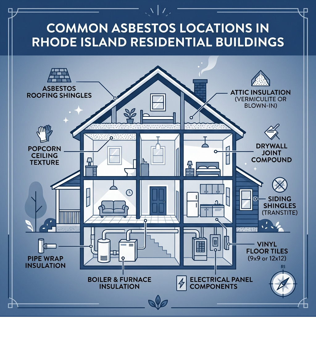 Common asbestos locations in Rhode Island residential buildings infographic - asbestos inspection Rhode Island infographic 