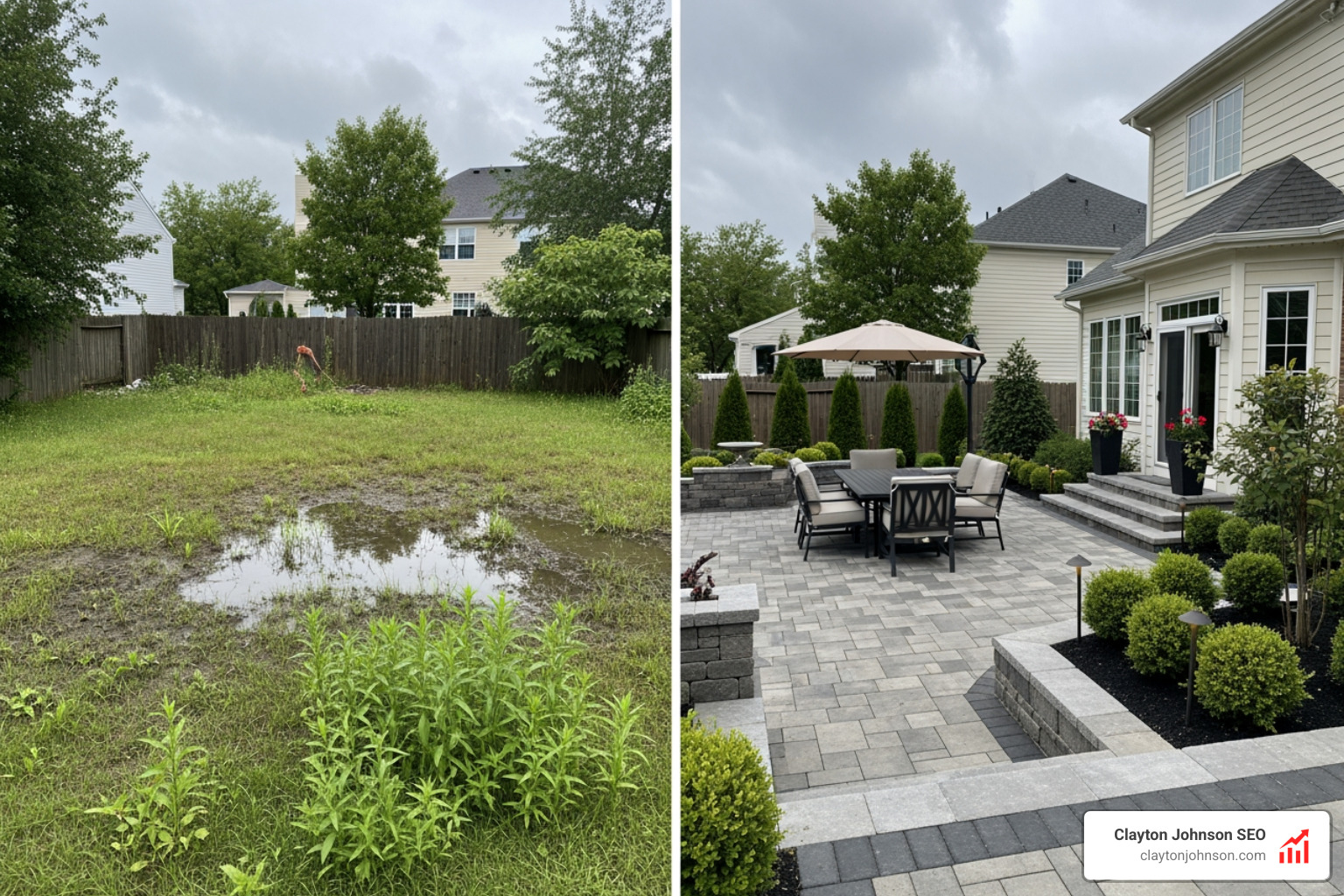 before-and-after backyard transformation showing a muddy lawn turned into a luxury stone patio -- ai marketing for landscaping before-and-after backyard transformation showing a muddy lawn turned into a luxury stone patio -- ai marketing for landscaping