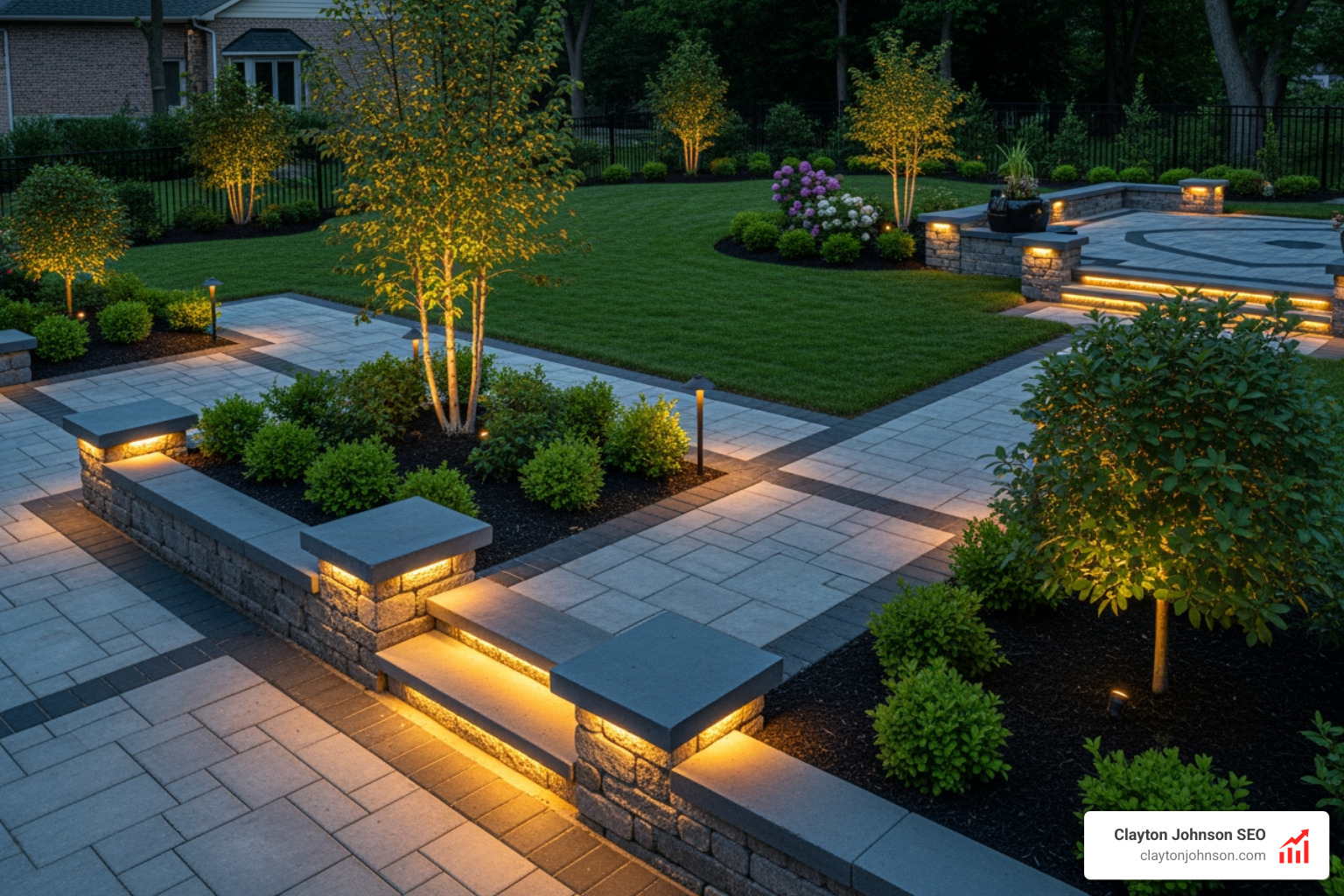 high-end residential hardscape project featuring stone pavers and professional lighting - ai marketing for landscaping high-end residential hardscape project featuring stone pavers and professional lighting - ai marketing for landscaping