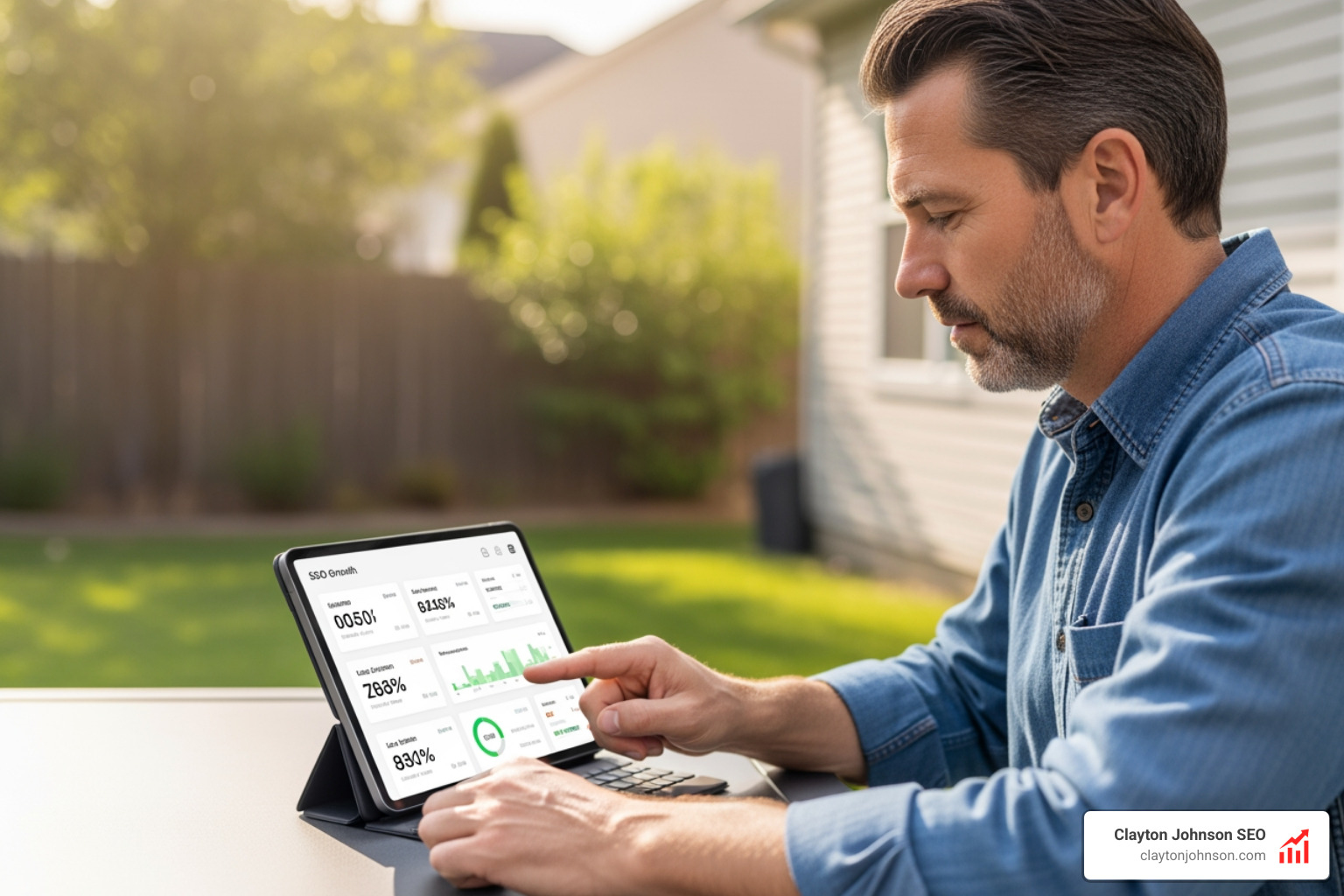 landscaping business owner reviewing a digital growth dashboard on a tablet - ai marketing for landscaping companies landscaping business owner reviewing a digital growth dashboard on a tablet - ai marketing for landscaping companies