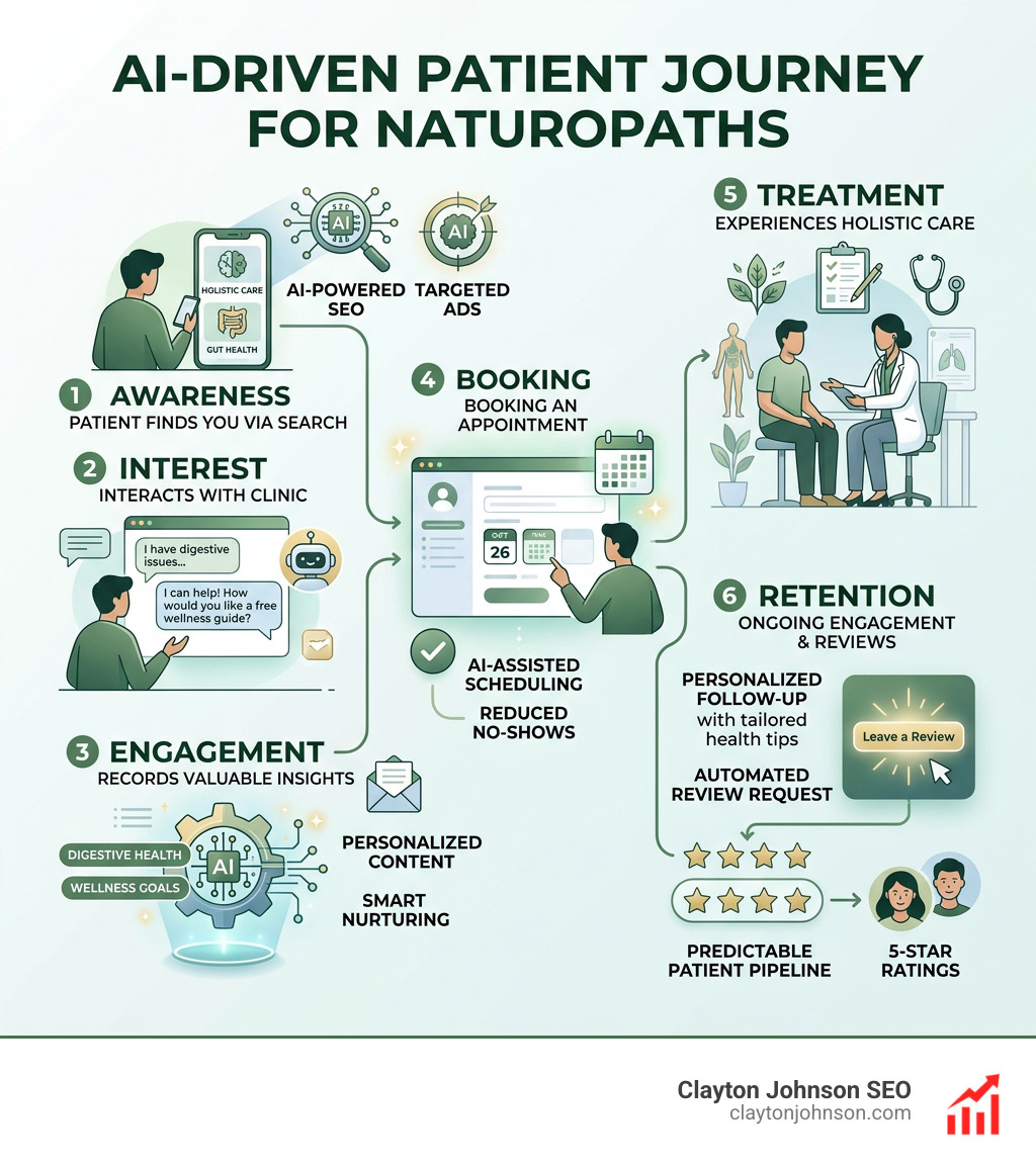 Infographic showing AI-driven patient journey for naturopaths from awareness to booking and retention - ai marketing for
