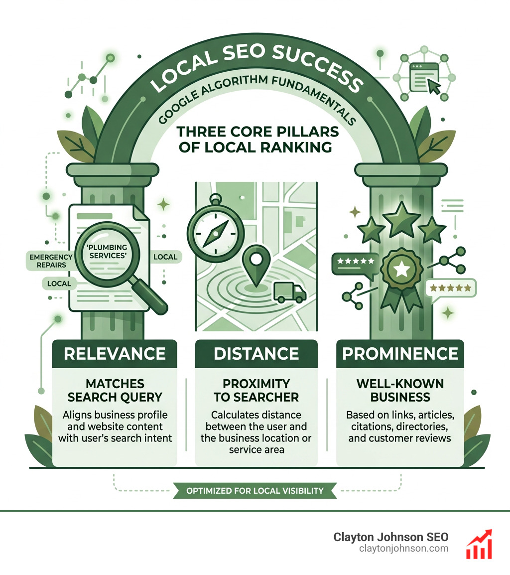 Three core pillars of local ranking: Relevance, Distance, and Prominence - Local SEO for service businesses infographic 