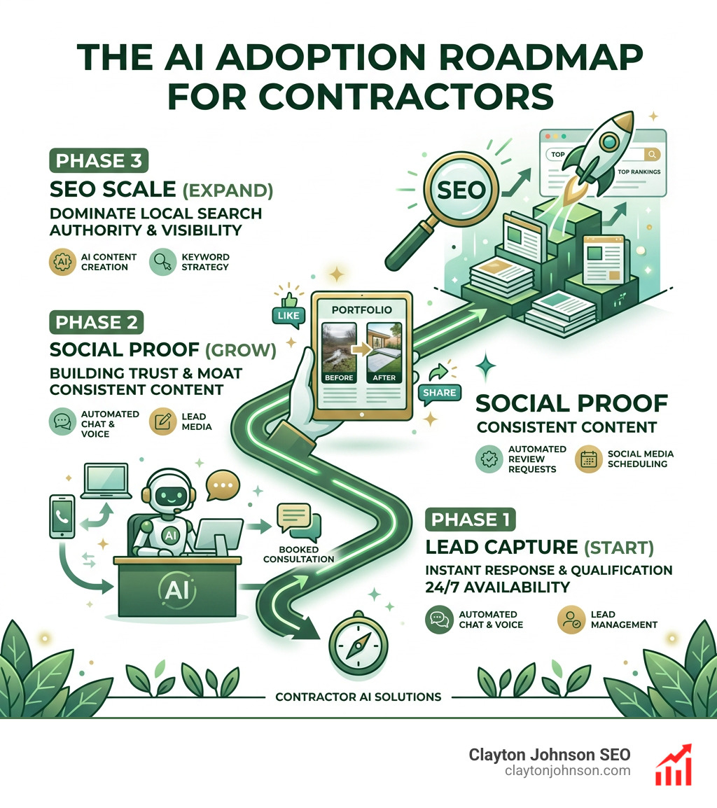 infographic showing the step-by-step AI adoption roadmap for contractors starting with lead capture then social proof then full-scale automation infographic showing the step-by-step AI adoption roadmap for contractors starting with lead capture then social proof then full-scale automation