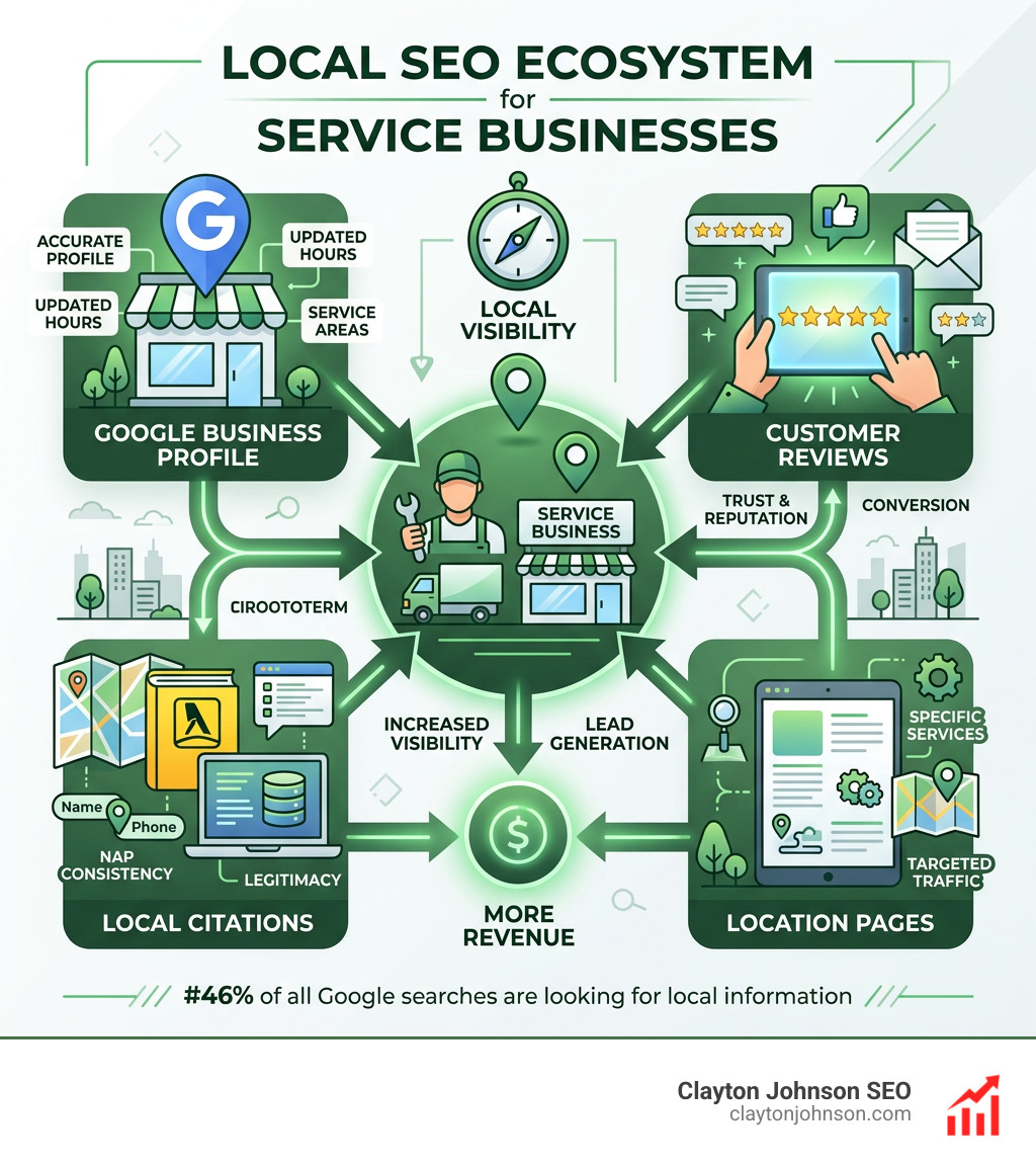 Local SEO ecosystem for service businesses showing GBP, citations, reviews, and location pages - Local SEO for service