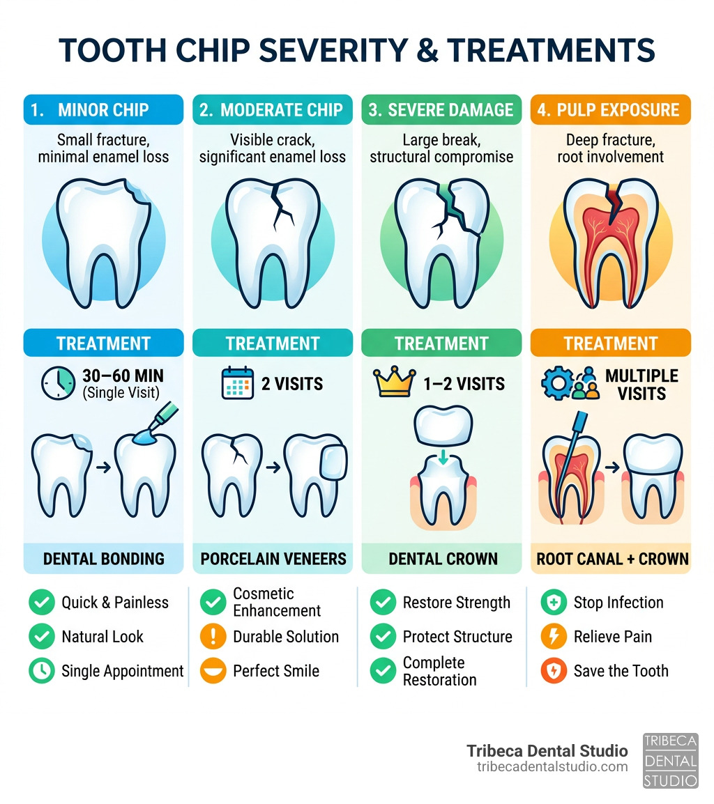 infographic showing tooth chip severity levels and corresponding treatment options - chipped tooth repair near me infographic showing tooth chip severity levels and corresponding treatment options - chipped tooth repair near me