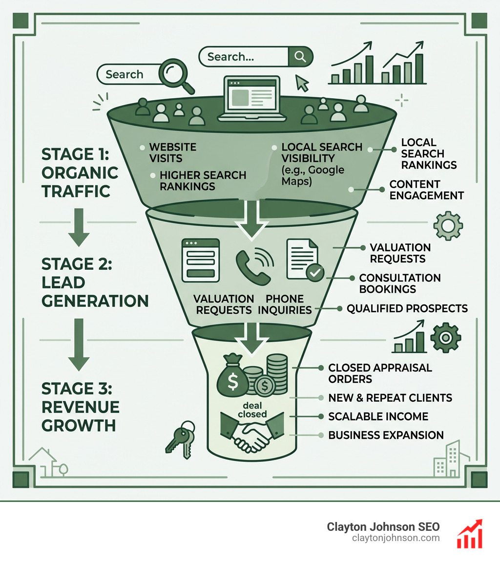 SEO growth funnel for real estate appraisal firms showing traffic, leads, and revenue stages - seo for real estate