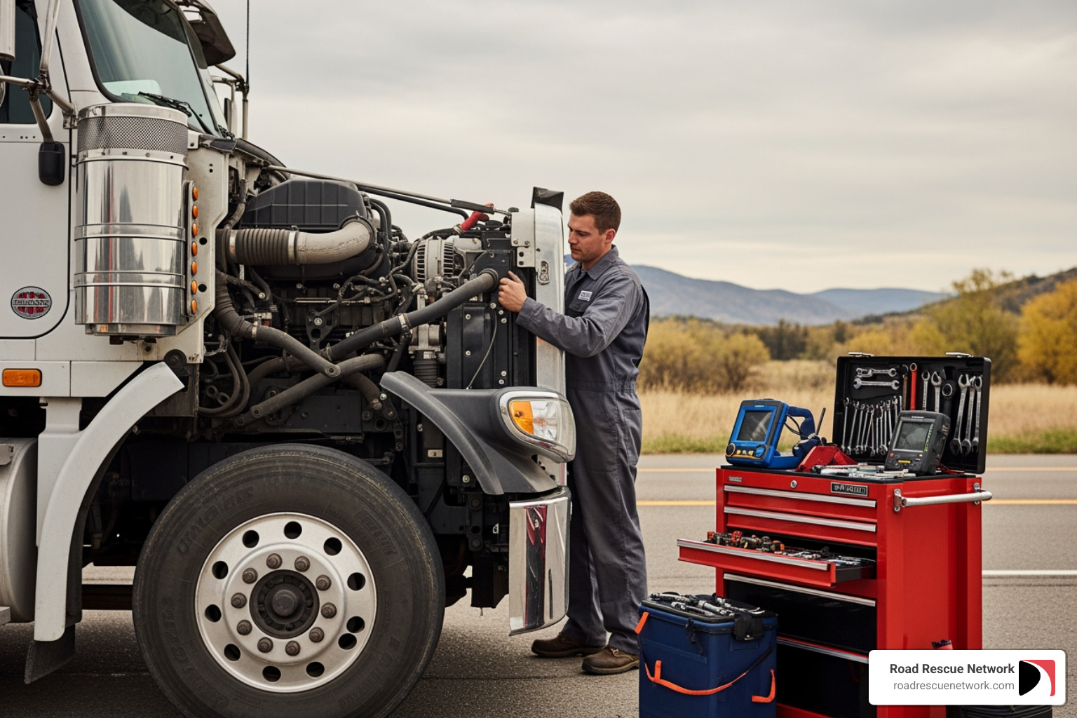 Mobile diesel mechanic working on a large truck engine - 24 hour emergency mechanic