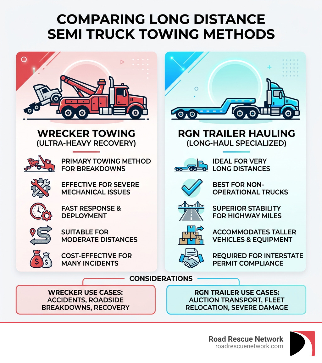 Infographic comparing wrecker towing vs. RGN trailer hauling for long distance semi truck towing - long distance semi truck