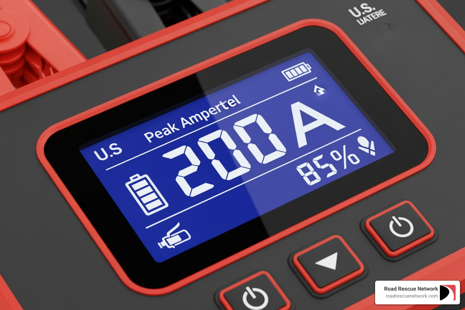 Digital display on a portable jump starter showing peak amperage and battery percentage - electric car jump starter